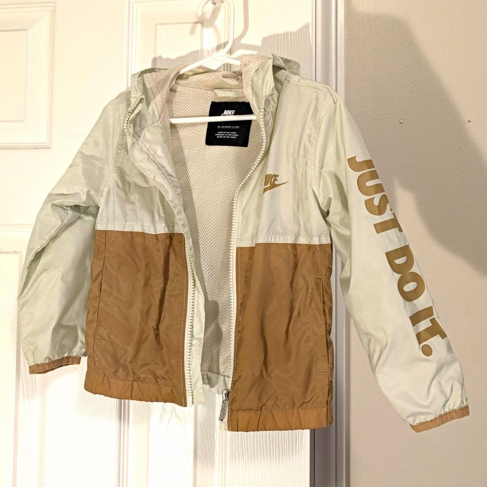 Nike Toddler Hooded Windbreaker Jacket Beige Brown Colorblock Full Zip 3T